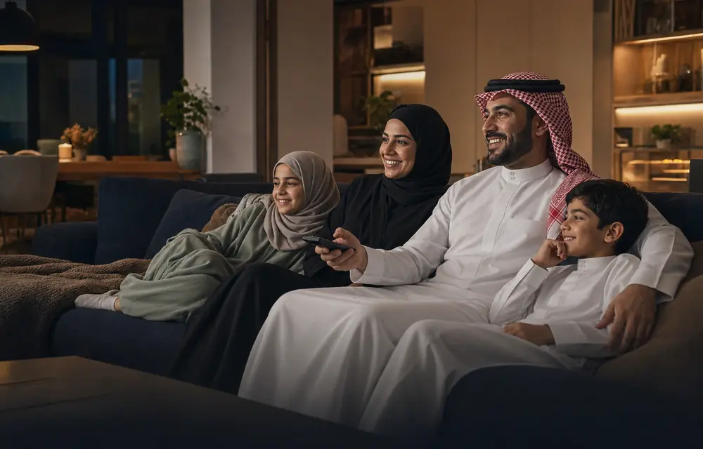 Saudi family enjoying television together at home