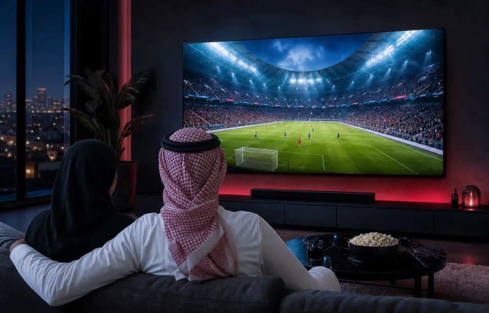 Saudi couple watching sport on a compatible television