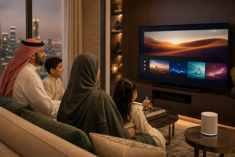 Saudi family reviewing IPTV options and home Wi-Fi in a modern living room